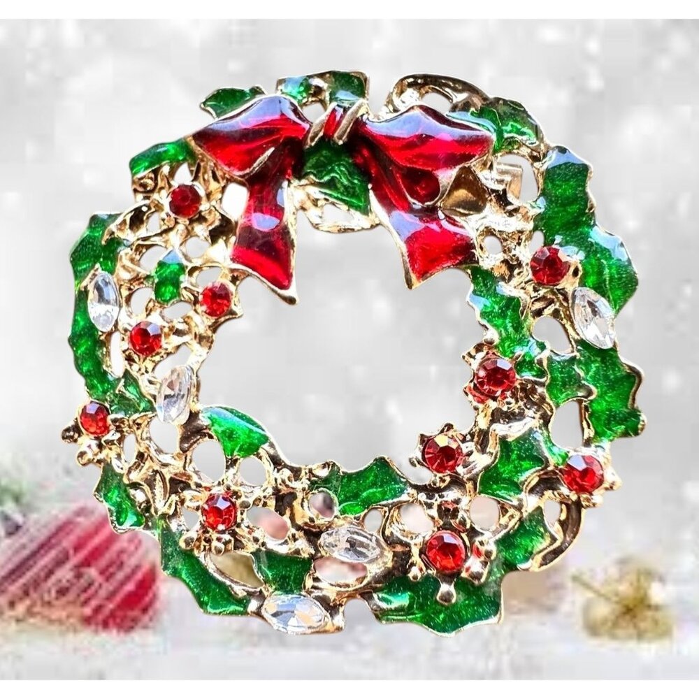 Christmas Wreath Pin Brooch New Red Green Crystal Bow Festive Holidays Nostalgic